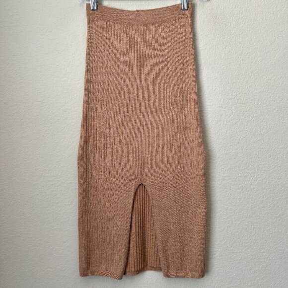 Free People Skyline Front Slit Rib Midi Skirt Stretch Beige - Picture 2 of 9